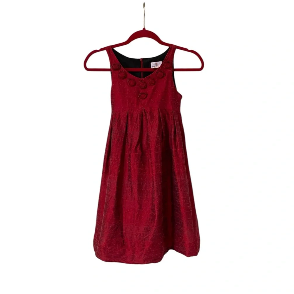 Florence Eiseman Dress Girls Silk Party Size 10 Red Rosette Bodice Sleeveless